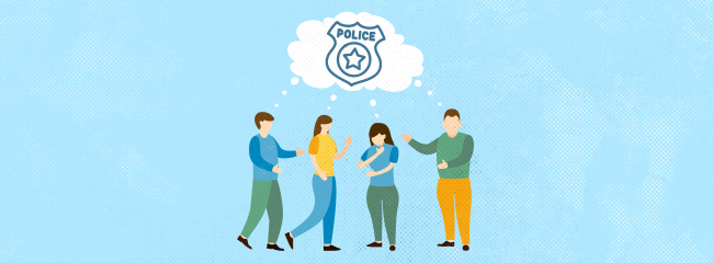 4 people standing around thinking with a joint thought bubble with a police badge in it