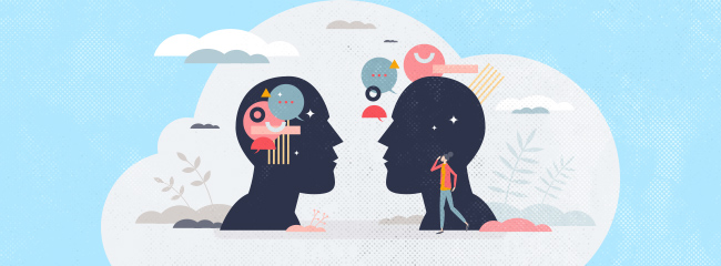 silhouettes of 2 heads with gears inside one and outside the other