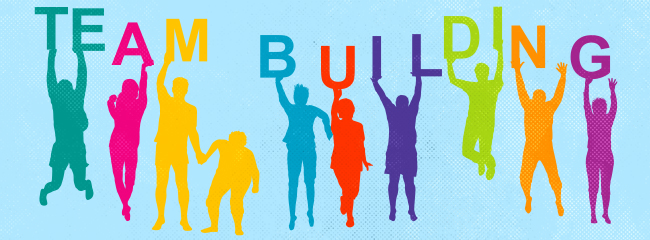 Words Team Building. Each letter is a different color that matches a shadow of a person holding up the letter.