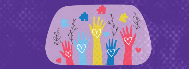 hands with hearts in them, flowers and puzzle pieces