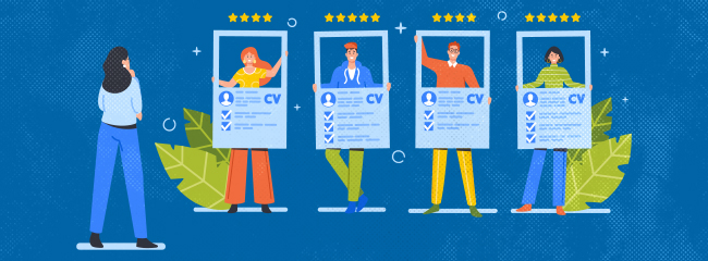 a person looking at 4 job candidates behind resumes